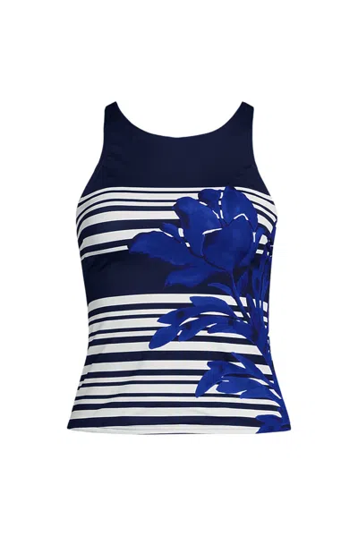 Lands' End Women's Ddd-cup Chlorine Resistant Tugless High Neck Strappy Back Tankini Swimsuit Top In Blue