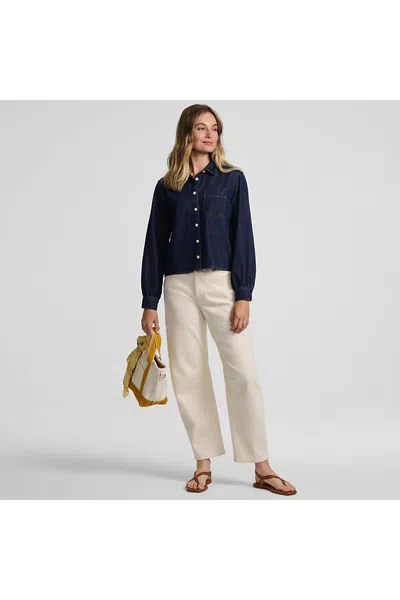 Lands' End Women's Denim Cropped Button Front Shirt In Blue