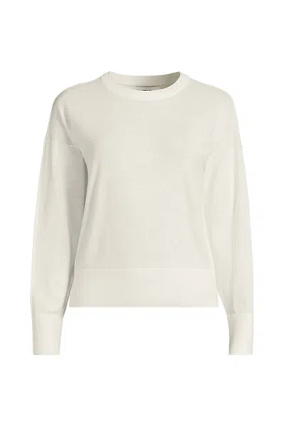 Lands' End Women's Double Trim Cotton Crew Neck Sweater In White