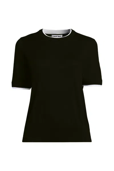 Lands' End Plus Size Double Trim Cotton Crew Neck Tee Sweater In Black