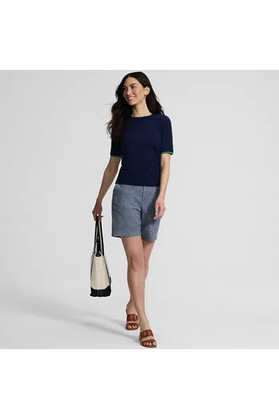 Lands' End Plus Size Double Trim Cotton Crew Neck Tee Sweater In Blue