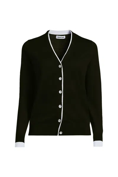 Lands' End Women's Double Trim Cotton V Neck Cardigan Sweater In Black