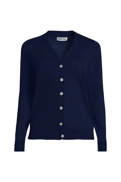 Lands' End Women's Double Trim Cotton V Neck Cardigan Sweater In Blue