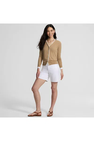 Lands' End Double Trim Cotton V Neck Cardigan Sweater In Brown