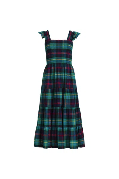 Lands' End Women's Drapey Flannel Smocked Midi Dress With Ruffle Strap In Green