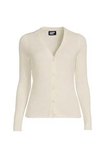 Lands' End Women's Drifter Baby Cable Vneck Cardigan Sweater - Set Top In White