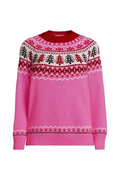 Lands' End Women's Drifter Jacquard Raglan Crew Neck Sweater In Pink