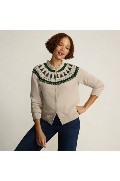 Lands' End Women's Drifter Lurex Ruffle Neck Jacquard Cardigan Sweater In Neutral