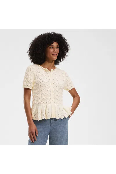 Lands' End Women's Drifter Pointelle Ruffle Hem Cardigan Sweater In Neutral