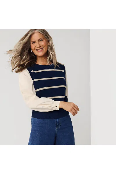 Lands' End Drifter Shaker Button Shoulder Sweater Vest With Poplin Sleeves In Deep Sea Navy/champagne Stripe