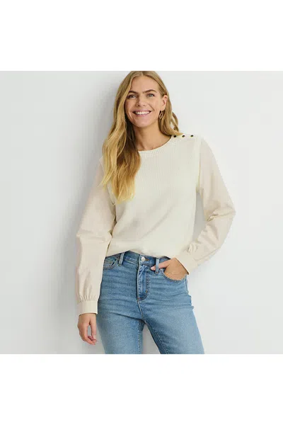 Lands' End Women's Drifter Shaker Button Shoulder Sweater Vest With Poplin Sleeves In Neutral