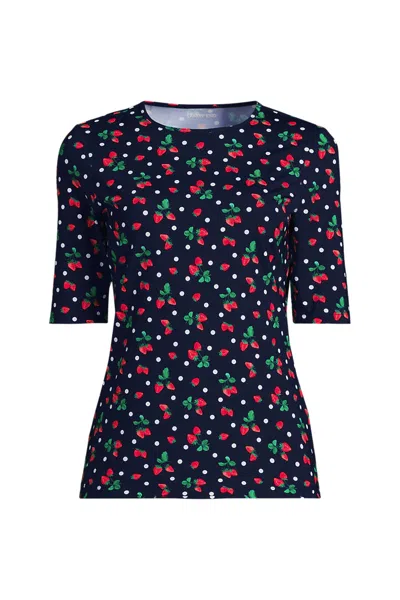 Lands' End Women's Elbow Sleeve Crewneck Garden Tee- Sunshade Upf 50 Quick Dry In Blue