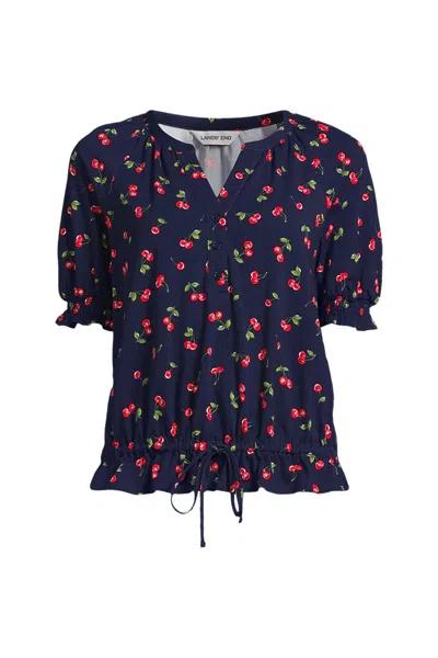 Lands' End Women's Elbow Sleeve Lightweight Jersey Gathered Adjustable Hem Blouse In Blue