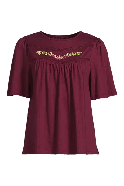Lands' End Women's Elbow Sleeve Slub Jersey Embroidered Yoke Pintuck Blouse In Burgundy