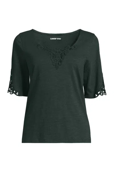 Lands' End Women's Elbow Sleeve Slub Lace Trim T-shirt In Green