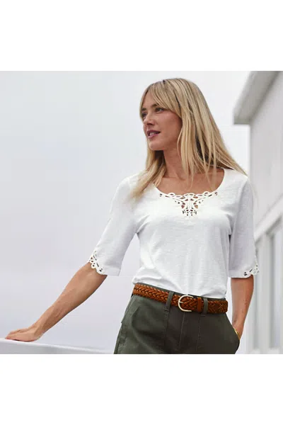 Lands' End Women's Elbow Sleeve Slub Lace Trim T-shirt In White