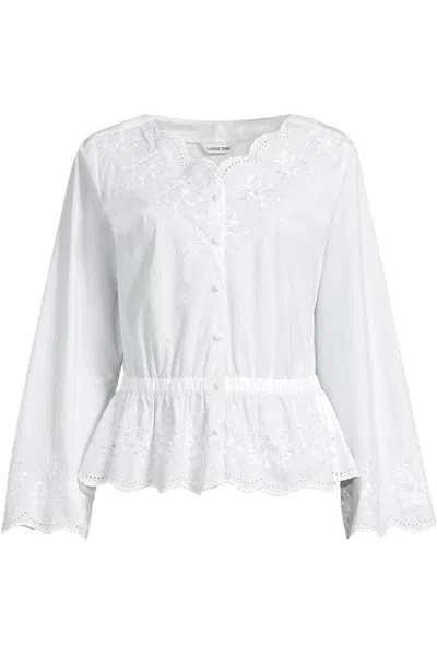 Lands' End Women's Embroidered Poplin Long Sleeve Blouse In White