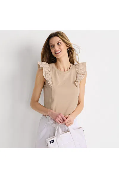Lands' End Embroidered Ruffle Tank Top In Neutral