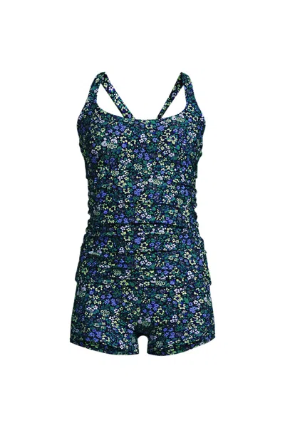 Lands' End Women's Essential Tie Back Ruched Tankini And Shorts Two Piece Set In Blue
