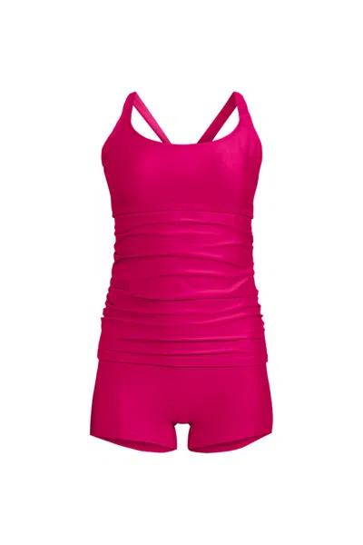 Lands' End Women's Essential Tie Back Ruched Tankini And Shorts Two Piece Set In Pink