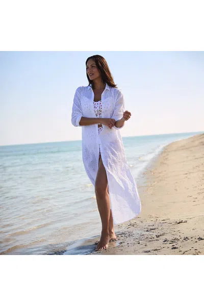 Lands' End Women's Eyelet Button Down Maxi Cover-up Dress In White