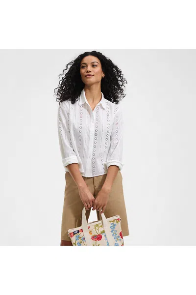 Lands' End Women's Eyelet Cropped Button Front Shirt In White