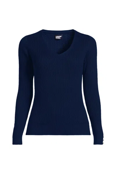 Lands' End Women's Fine Gauge Cotton Baby Cable Vneck Sweater In Blue