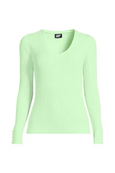 Lands' End Women's Fine Gauge Cotton Baby Cable Vneck Sweater In Green