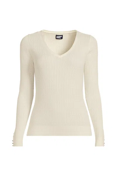 Lands' End Women's Fine Gauge Cotton Baby Cable Vneck Sweater In White