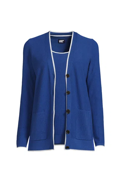 Lands' End Women's Fine Gauge Cotton Cardigan And Tank Sweater Set In Blue