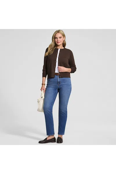 Lands' End Women's Fine Gauge Cotton Crew Cardigan Sweater In Brown