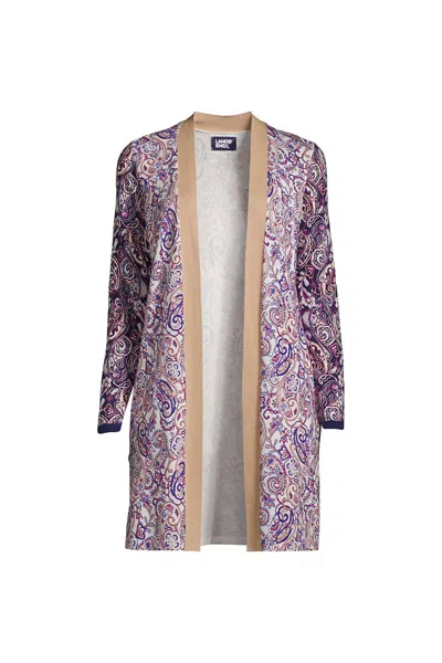 Lands' End Women's Fine Gauge Cotton Long Open Cardigan Sweater - Print In Purple