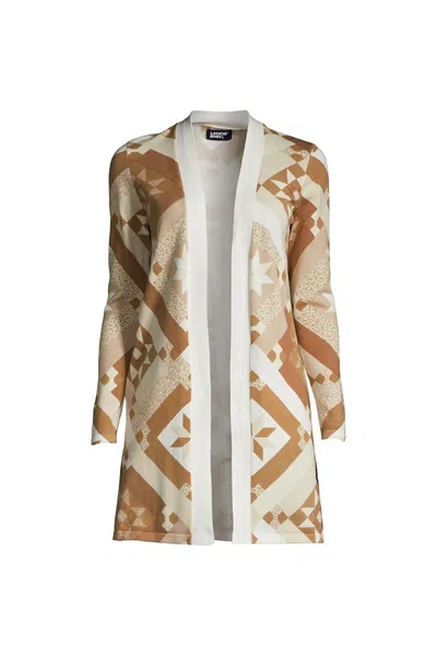 Lands' End Women's Fine Gauge Cotton Long Open Cardigan Sweater - Print In Neutral