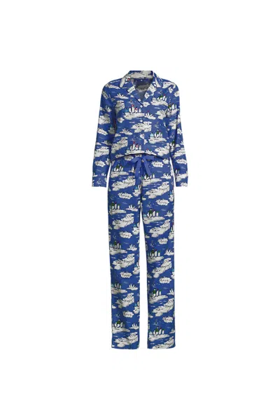 Lands' End Women's Flannel 2 Piece Pajama Set - Long Sleeve Shirt And Pants In Blue