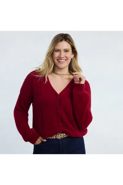 Lands' End Women's Fuzzy Eyelash Cable Cardigan Sweater In Red