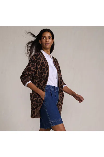 Lands' End Women's Fuzzy Jacquard Cardigan Jacket Sweater In Brown