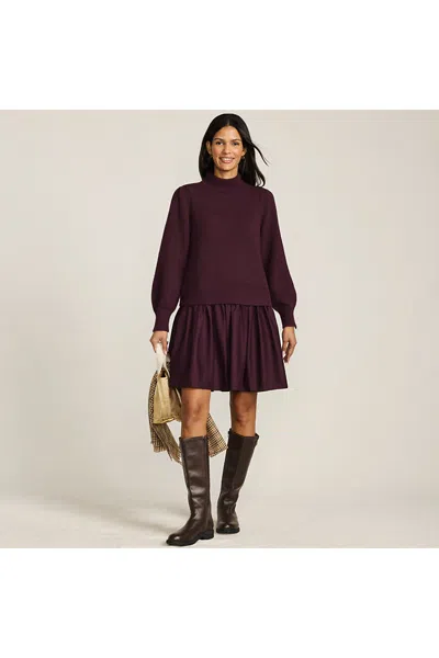 Lands' End Women's Fuzzy Lantern Sleeve Mock Neck Mini Twofer Dress In Burgundy