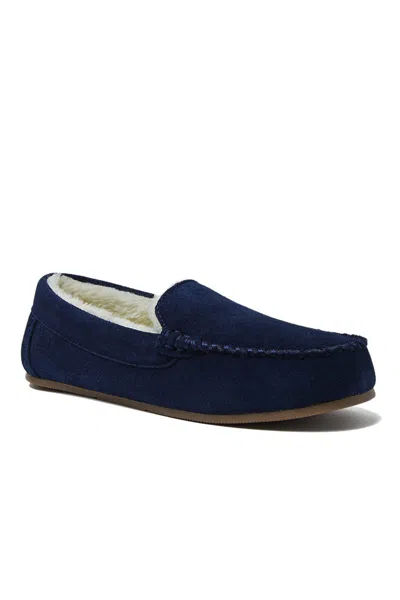 Lands' End Women's Fuzzy Lined Suede Moccasin Slippers In Blue