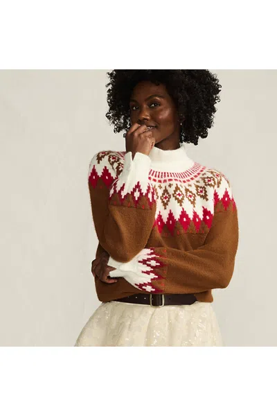 Lands' End Women's Fuzzy Turtleneck Lantern Sleeve Jacquard Sweater In Brown