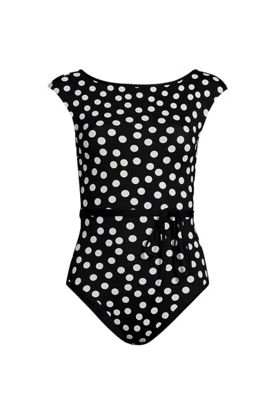 Lands' End Women's High Neck Cap Sleeve Tie Belt One Piece Swimsuit In Black