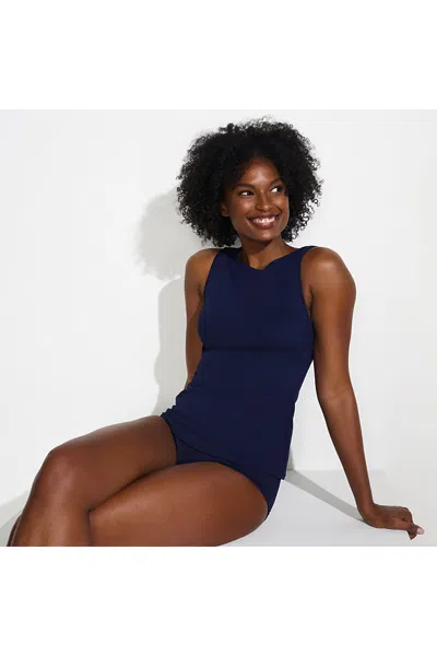 Lands' End Women's High Neck Upf 50 Sun Protection Modest Tankini Swimsuit Top In Blue