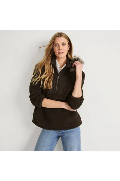 Lands' End Women's Hooded Half Zip Faux Fur Sherpa Fleece Pullover In Brown