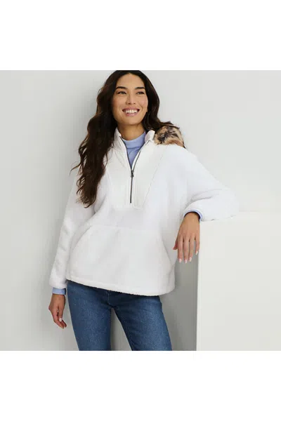 Lands' End Women's Hooded Half Zip Faux Fur Sherpa Fleece Pullover In White