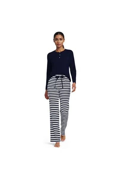 Lands' End Women's Knit 2 Piece Pajama Set - Long Sleeve Top And Pants In Black