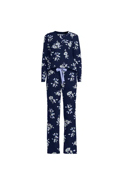 Lands' End Women's Knit 2 Piece Pajama Set - Long Sleeve Top And Pants In Blue