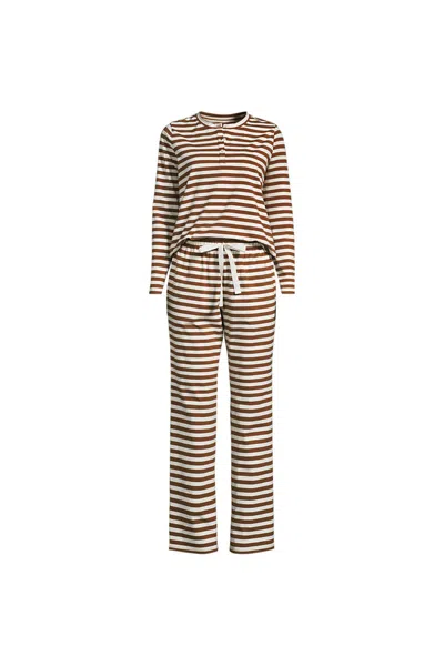 Lands' End Women's Knit 2 Piece Pajama Set - Long Sleeve Top And Pants In Brown