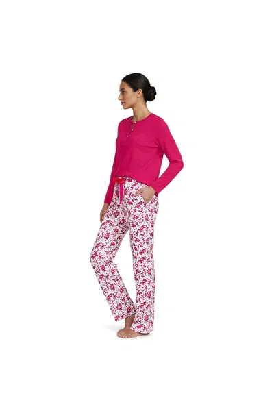 Lands' End Women's Knit 2 Piece Pajama Set - Long Sleeve Top And Pants In Pink