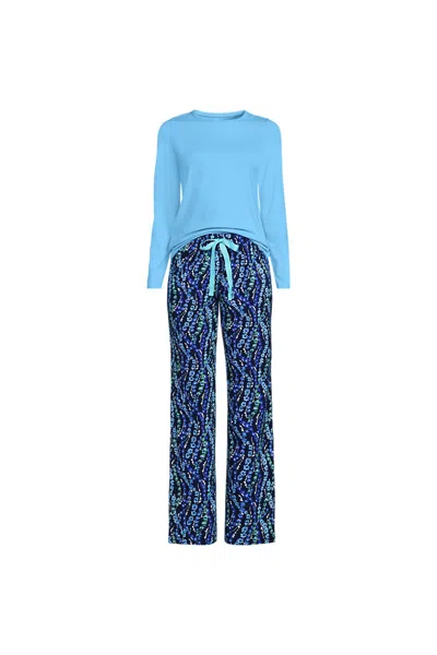 Lands' End Women's Knit Pajama Set Long Sleeve T-shirt And Pants In Blue