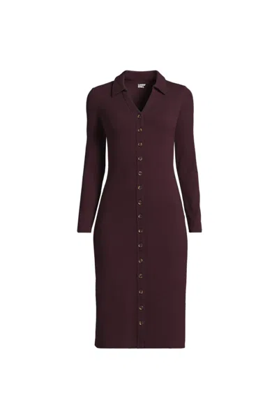 Lands' End Women's Knit Rib Button Front Dress In Brown