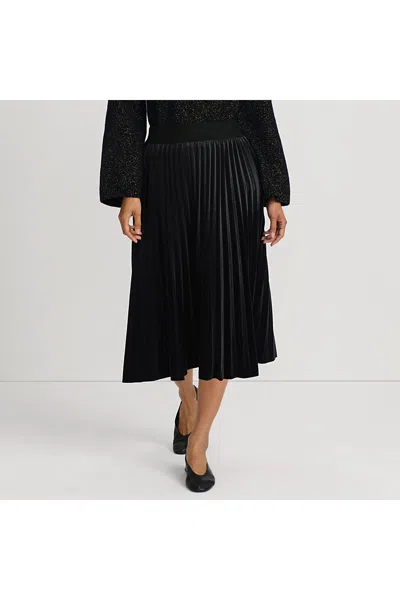 Lands' End Women's Knit Velvet Pleated Midi Skirt In Black